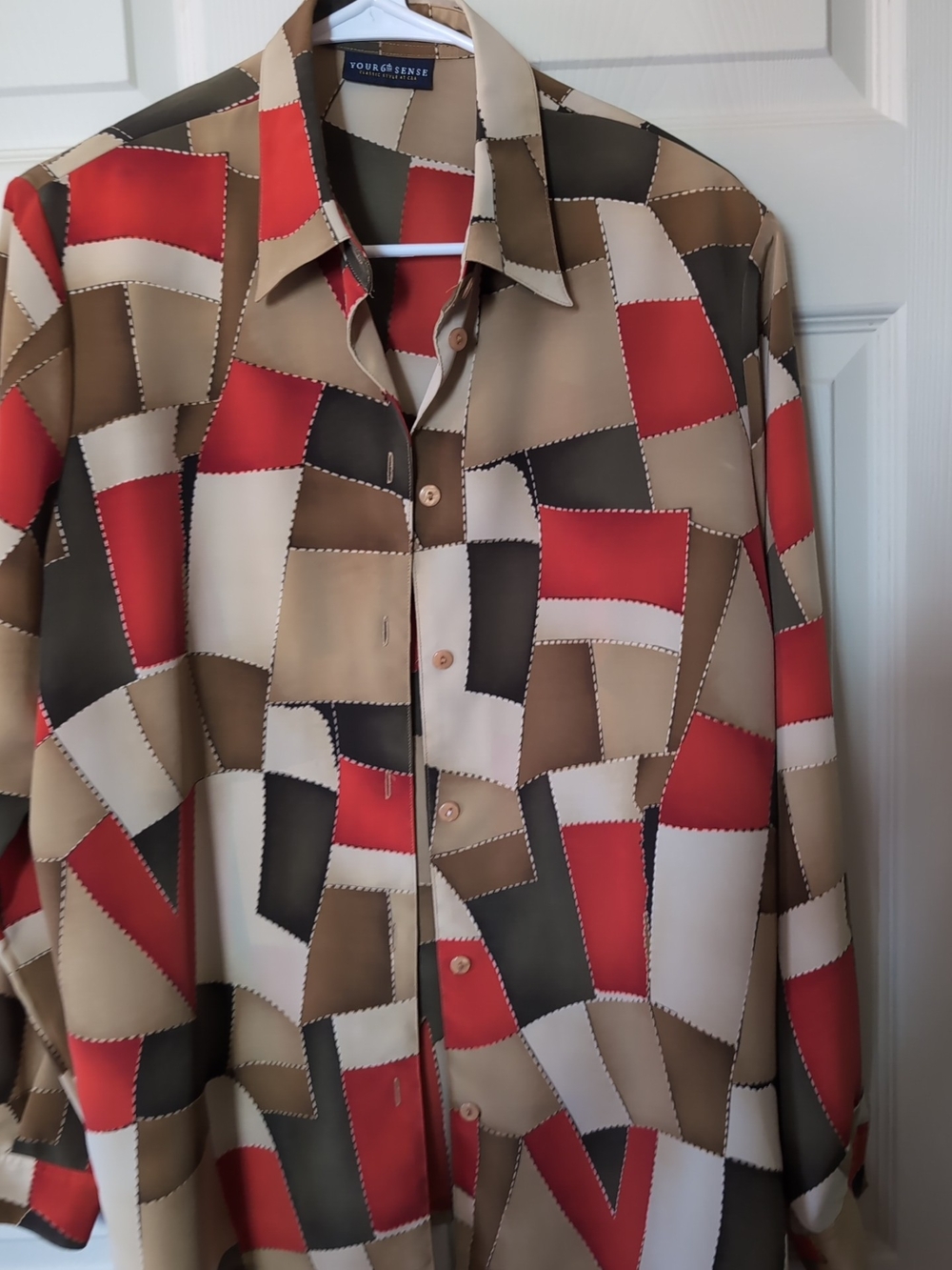 Women’s Geometric Patchwork Button-Up Blouse in Red & Tan